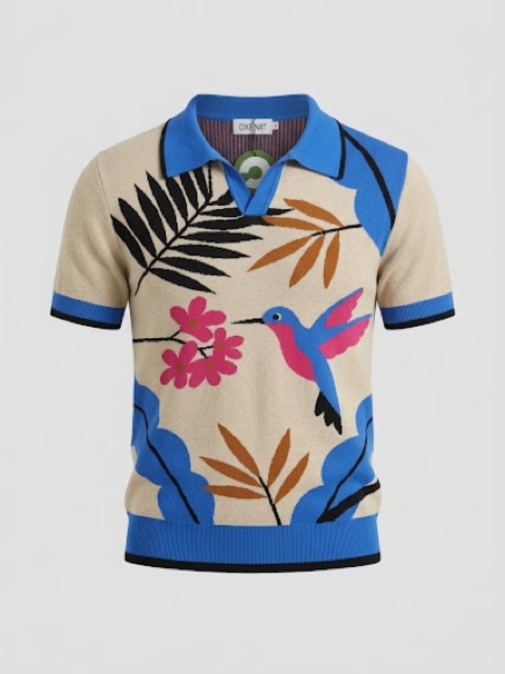 OXKNIT Men's Multicolored Retro Bird Art Jacquard Polo Knit Shirt size Large